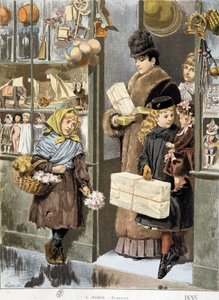 Niña pobre vendiendo pequeños ramos a la salida de una tienda de juguetes donde salen ricos (¿compras de Navidad?) - dibujo de Adrien Marie