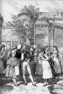 El hermoso Nicolás rodeado por las chicas del pueblo. Juliette Simon-Girard (Simon Girard) (1859-1959) en el papel de Nicolás para la ópera “Le beau Nicolas” (Acto II) después de un libreto de Eugene Leterrier (1843-1884), Albert Vanloo (1846-1920) y un de Adrien Emmanuel Marie