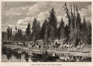Toda la misión geográfica, en ruta hacia el Monte Hayden, a lo largo del río Henri, grabado según el dibujo de A.Marie, ilustrando un conjunto de misiones geográficas a través del Parque Nacional de los Estados Unidos, de 1870 a 1872, por los señores Hayde