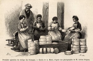 La primera operación de raspado de los quesos, ocho días después de la bodega, se quita el vello que creció en la superficie del queso para permitir un mejor contacto con el aire fresco de la bodega, lo que se quita se usa para alimentar al ganado, grabado de Adrien Emmanuel Marie