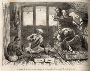 El interior de un vagón cama del ferrocarril de la India Oriental, en la ruta a Azimgange de Adrien Emmanuel Marie