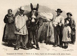 La carga de quesos en la espalda de una mula, hacia las bodegas de Roquefort, ilustración de un viaje a Roquefort y sus alrededores, por Adrien Roques y Jules Charton, en 1874, publicado en “Le tour du monde” 1875, editado por Edouard Charton