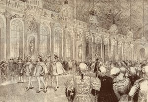 La procesión de los caballeros de la Orden del Espíritu Santo en la galería de hielo del castillo de Versalles el día de Pentecostés en 1789. Dibujo de Adrien Marie de 1889.