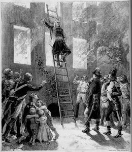 Representación teatral: “Ninety-three” de Paul Meurice por Victor Hugo. El incendio de la Tourgue (10ª pintura): el Marqués de Lantenac, después de salvar la vida de los hijos de la Flecharde, se entrega
