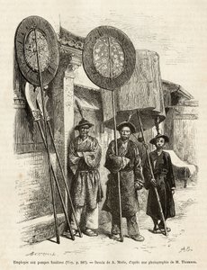 Tres trabajadores funerarios en Pekín. Grabado según un dibujo de A.Marie, para ilustrar el viaje a Pekín y el norte de China, por T.Choutze, en 1873, publicado en 