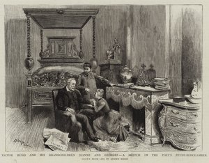 Victor Hugo y sus nietos Jeanne y Georges, un boceto en el estudio-dormitorio del poeta de Adrien Emmanuel Marie