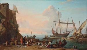 Un puerto mediterráneo con estibadores descargando sus barcos, figuras vendiendo pescado en primer plano junto a una fortaleza de Adrien Manglard