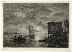 Escena de Puerto a la Luz de la Luna con Ferry de Adrien Manglard