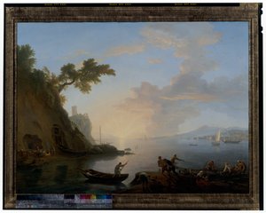 Costa napolitana con pescadores al amanecer