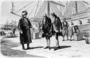Grabado de Adrien Moreau (1843-1906) ilustrando "Candide" de Francois Marie Arouet dit Voltaire (1694-1778). de Adrien Moreau