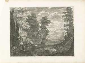 Cascada con una ciudad al fondo Cuatro paisajes en Bohemia (título de la serie) de Aegidius Sadeler (II) (attributed to)