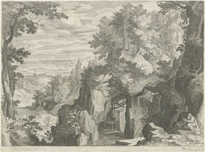 Paisaje de montaña con un ermitaño. de Egidius  Sadeler (II)