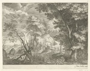 Paisaje forestal con puente de madera
Paisajes de montaña del Tirol (título de la serie) de Egidius  Sadeler (II)
