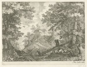 Paisaje forestal con dos cazadores y un perro. Paisajes de montaña del Tirol (título de la serie) de Egidius  Sadeler (II)