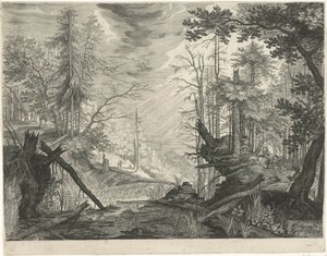 Tres cazadores por un río en un bosque. Paisajes de montaña del Tirol (título de la serie) de Egidius  Sadeler (II)