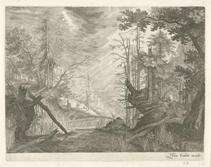 Tres cazadores por un río en un bosque. Paisajes de montaña del Tirol (título de la serie) de Egidius  Sadeler (II)