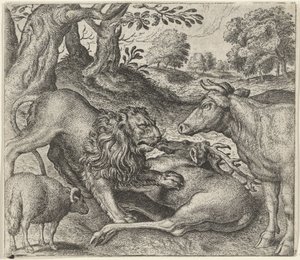 Fábula del león, la vaca y la oveja a la caza de Egidius  Sadeler (II)