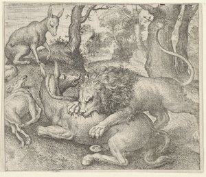 Fábula del león y el zorro de Egidius  Sadeler (II)