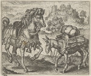 Fábula del burro descontento y el caballo de guerra de Egidius  Sadeler (II)