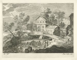Inn y algunas casas por un puente Paisajes del Tirol (título de la serie) de Egidius  Sadeler (II)