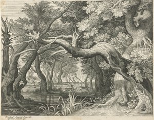 Caza de ciervos en un lago del bosque Seis paisajes (título de la serie) de Egidius  Sadeler (II)
