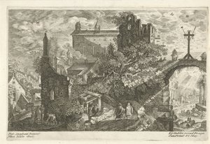 Cruz de madera en la puerta de la ciudad vieja Ocho paisajes de Bohemia (título de la serie) de Egidius  Sadeler (II)