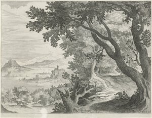Paisaje con dos figuras debajo de un árbol.