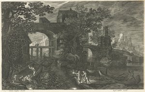 Escena nocturna con pescadores en un río. Ocho paisajes en Bohemia (título de la serie)