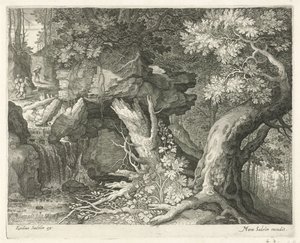 Viajeros sobre una cascada Seis paisajes (título de la serie) de Egidius  Sadeler (II)