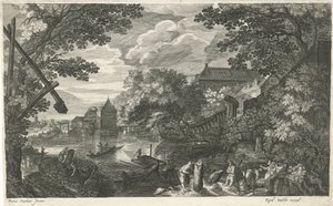 Paisaje fluvial con pescadores y obreros. Ocho paisajes en Bohemia (título de la serie) de Egidius  Sadeler (II)