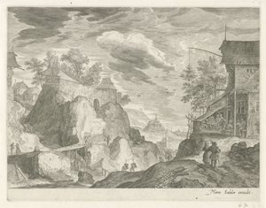 Paisaje rocoso con posada y casas. Paisajes de montaña del Tirol (título de la serie) de Egidius  Sadeler (II)