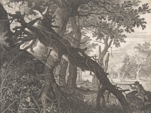 Un bosque con una caza de conejos de Aegidius Sadeler II