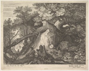 Un hombre sosteniendo un bastón y sentado en un tronco de árbol, con dos cabras a cada lado, rodeado de Aegidius Sadeler II