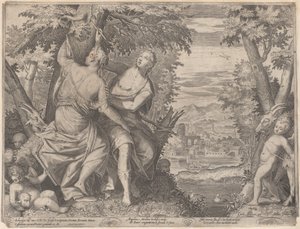 Angélica y Medoro, están junto a un arroyo mientras Medoro talla sus nombres en un árbol, 1590-98 de Aegidius Sadeler II