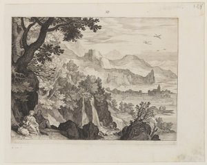 Paisaje montañoso con El Descanso en la Huida a Egipto de Aegidius Sadeler II