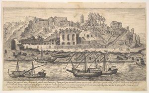 Vista desde el oeste de las ruinas de la colina Aventino, Roma, con barcos en el río, 1606 de Aegidius Sadeler II