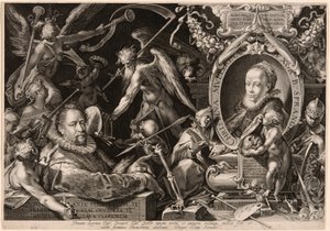Retrato de Bartolomaeus Spranger con una alegoría de la muerte de su esposa, Christina Müller de Aegidius Sadeler II