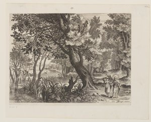 Paisaje fluvial con La tentación de Cristo de Aegidius Sadeler II