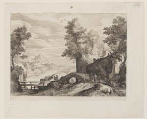 Paisaje fluvial con un puente de piedra y otro de madera de Aegidius Sadeler II