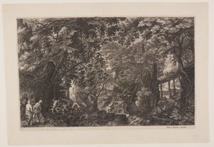 Escena ocho: Un bosque con un puente de madera, de Ocho escenas de Bohemia de Aegidius Sadeler II