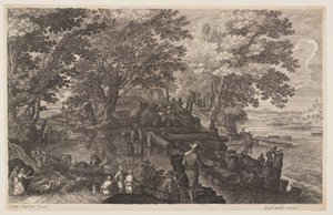Escena uno: Molino de agua en una isla en un río con hombres pescando, de Ocho escenas de Bohemia