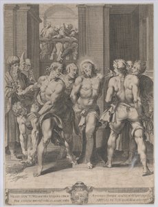 La flagelación de Cristo, con azotadores a ambos lados y figuras observando desde un balcón, 1593