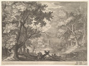 Escena de bosque con bancos pantanosos, dos hombres y un perro de perfil a la izquierda, ca. 1600