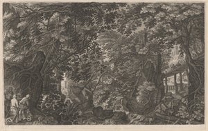 Cazadores en un bosque cerca de un puente de madera de Aegidius Sadeler II after Pieter Stevens