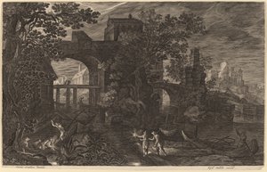 Paisaje nocturno con pescadores en el río fuera de las murallas de la ciudad de Aegidius Sadeler II after Pieter Stevens