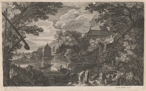 Paisaje fluvial con pescadores junto a una ciudad fortificada de Aegidius Sadeler II after Pieter Stevens
