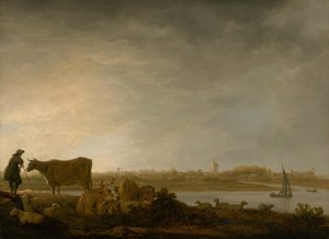 Vista de Vianen con un pastor y ganado junto a un río, c. 1643-45 de Aelbert Cuyp