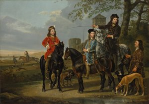 Retrato Ecuestre de Cornelis y Michiel Pompe van Meerdervoort con su Tutor y Cochero, Partiendo para la Caza, c.1652-53