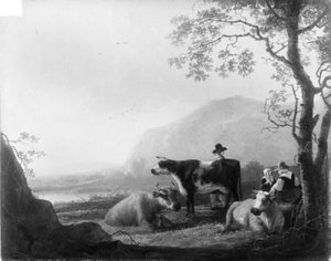 Paisaje con tres vacas y pastores de Aelbert Cuyp
