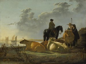 Campesinos y ganado a orillas del río Merwede